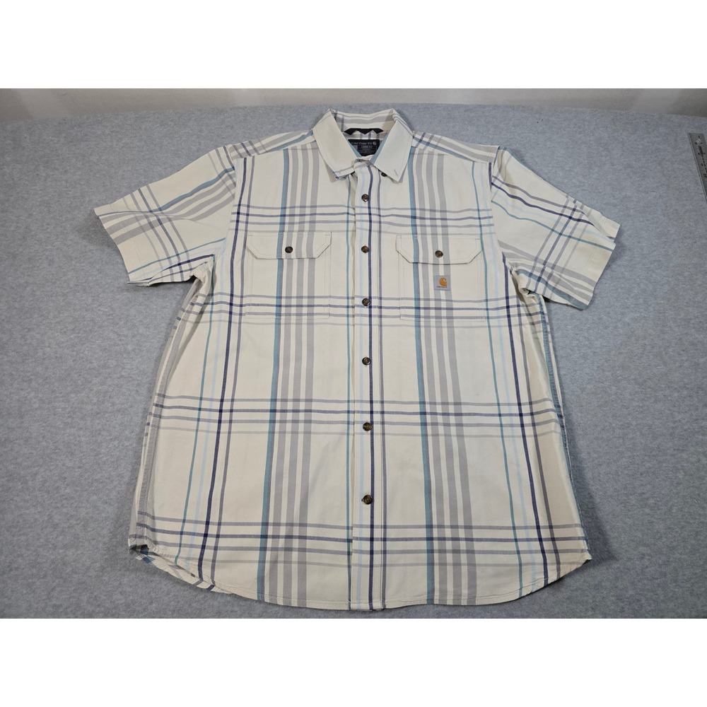 Carhartt Mens Loose Fit Short Sleeve Plaid Button Down Shirt Cream Blue L 105175